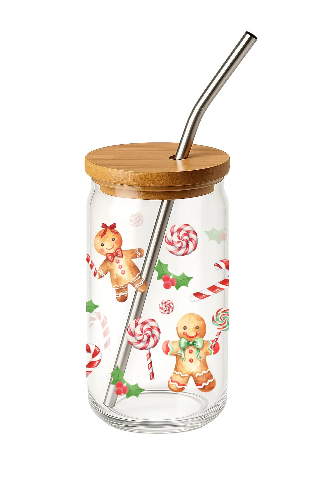 Glas mit Deckel & Strohhalm – Lebkuchen-Motiv – 500 ml & 750 ml – Weihnachtsglas Geschenkidee