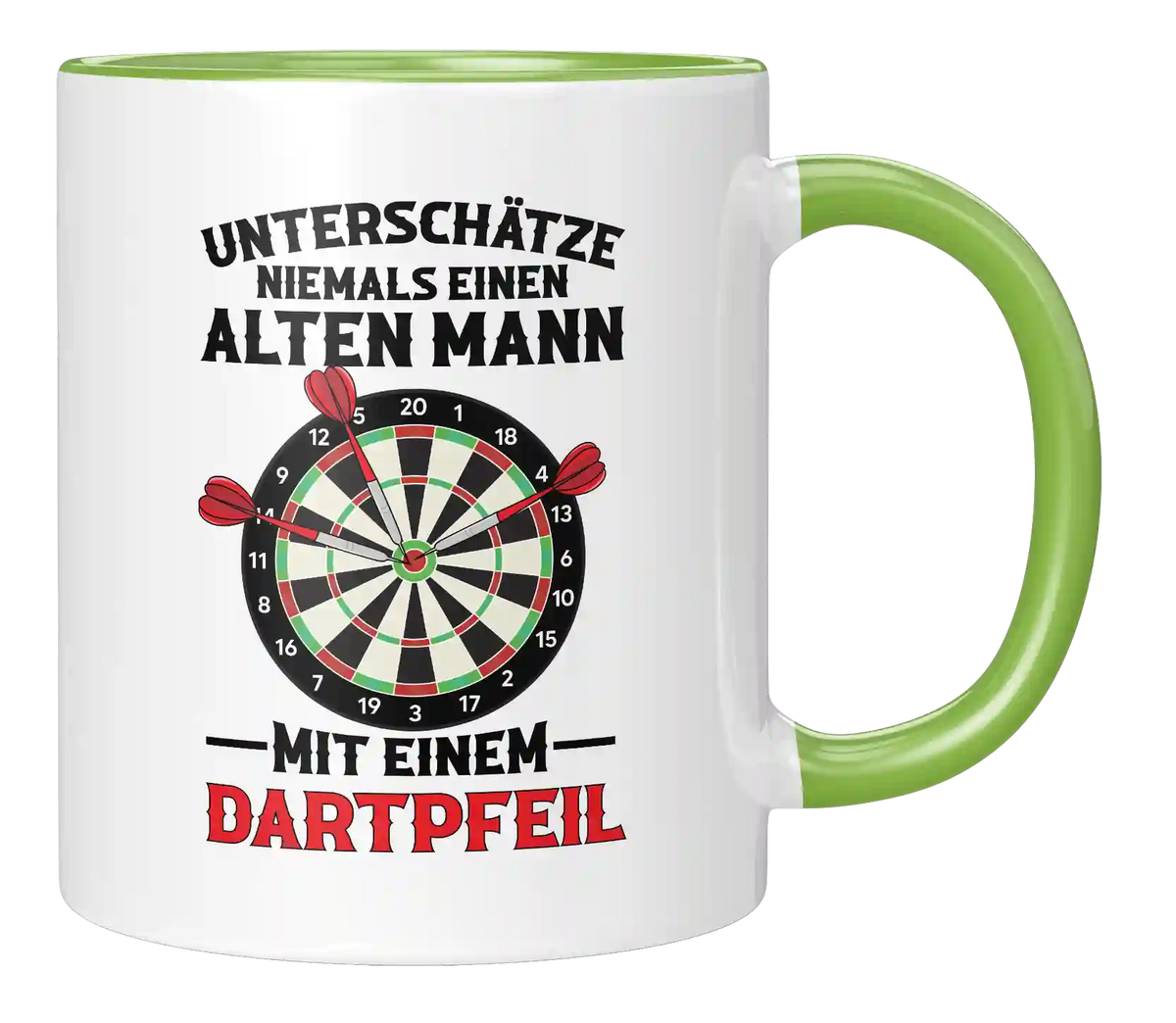 Tasse - Unterschätze niemals einen alten Mann, mit einem Dartpfeil