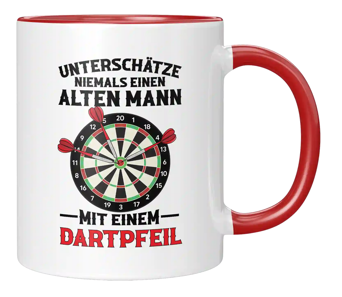 Tasse - Unterschätze niemals einen alten Mann, mit einem Dartpfeil