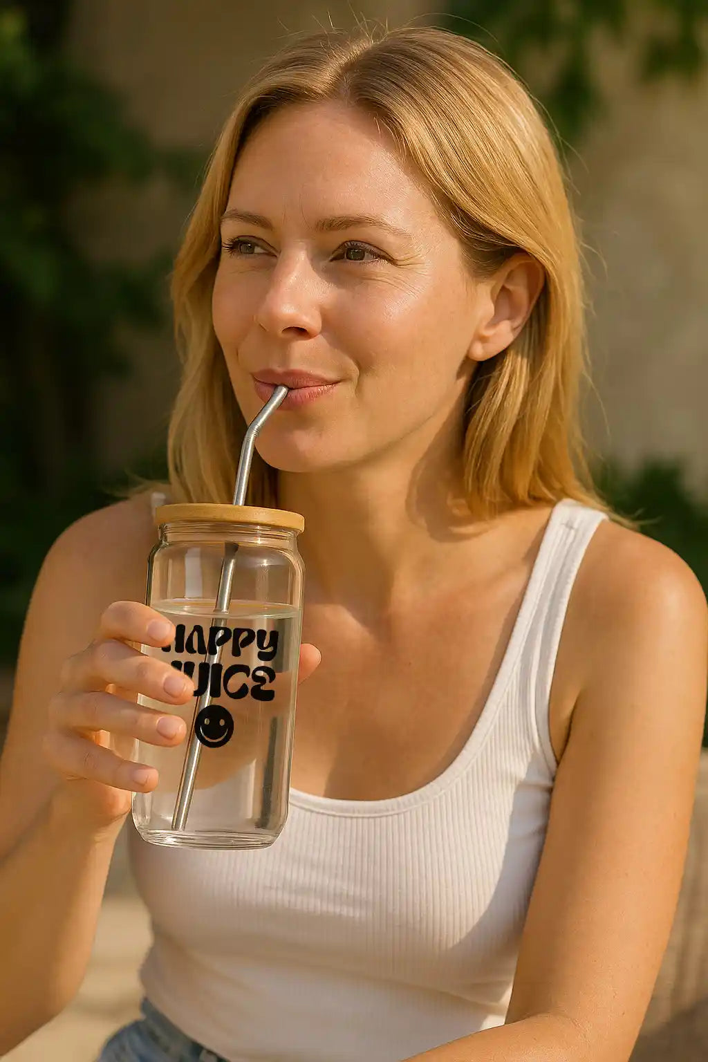 Glas mit Deckel - Happy Juice