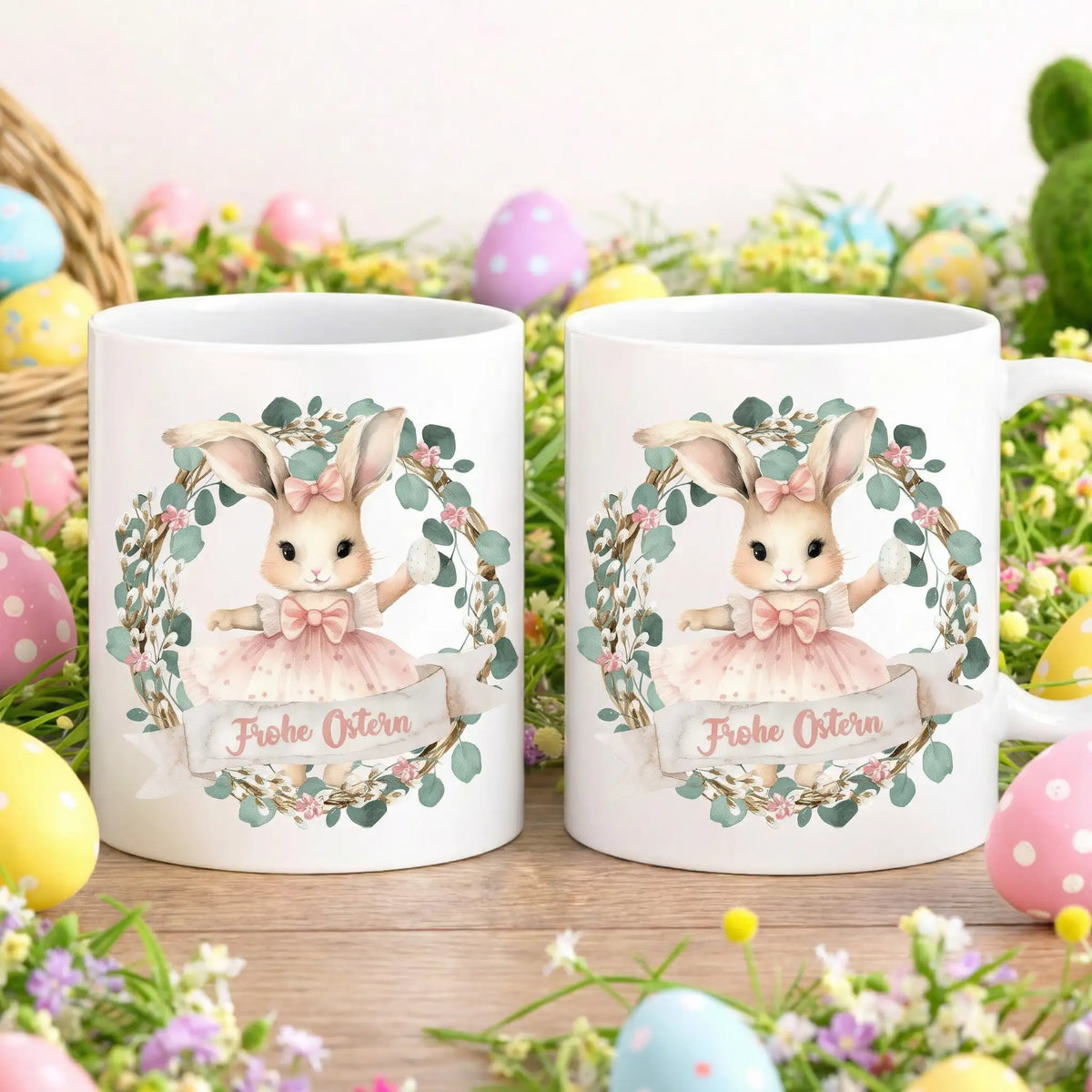 Tasse - Frohe Ostern mit Hasen Kranz Rosa