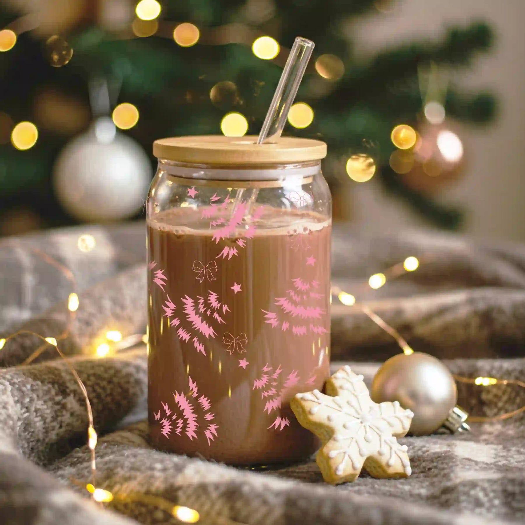 Glas mit Deckel - Weihnachtsbaum Rosa