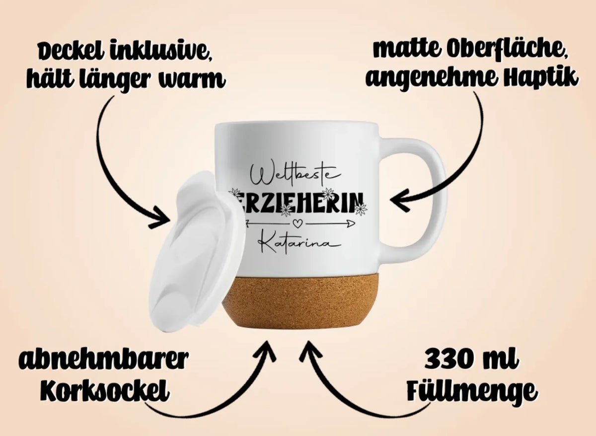 Tasse mit Korksockel - Weltbeste Erzieherin - Geschenkeperlen.de