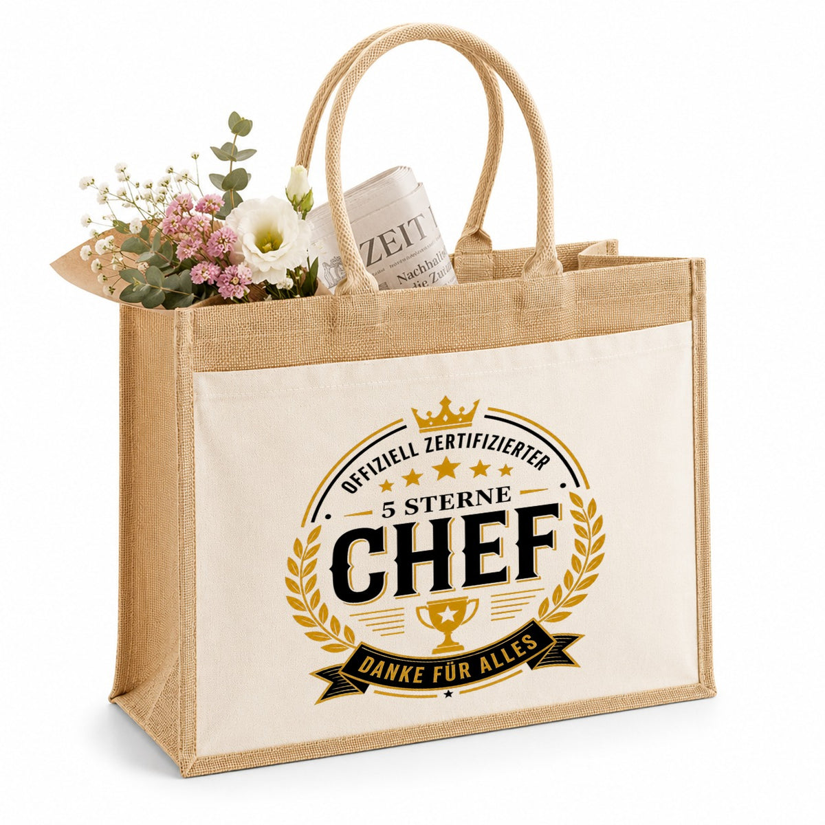LIEBTASTISCH® Jutetasche Offiziell zertifizierter 5 Sterne Chef Danke für alles - Geschenk für Kollegin Kollege Jobwechsel Abschied - Jutebeutel bedruckt mit Spruch - Einkaufstasche Damen