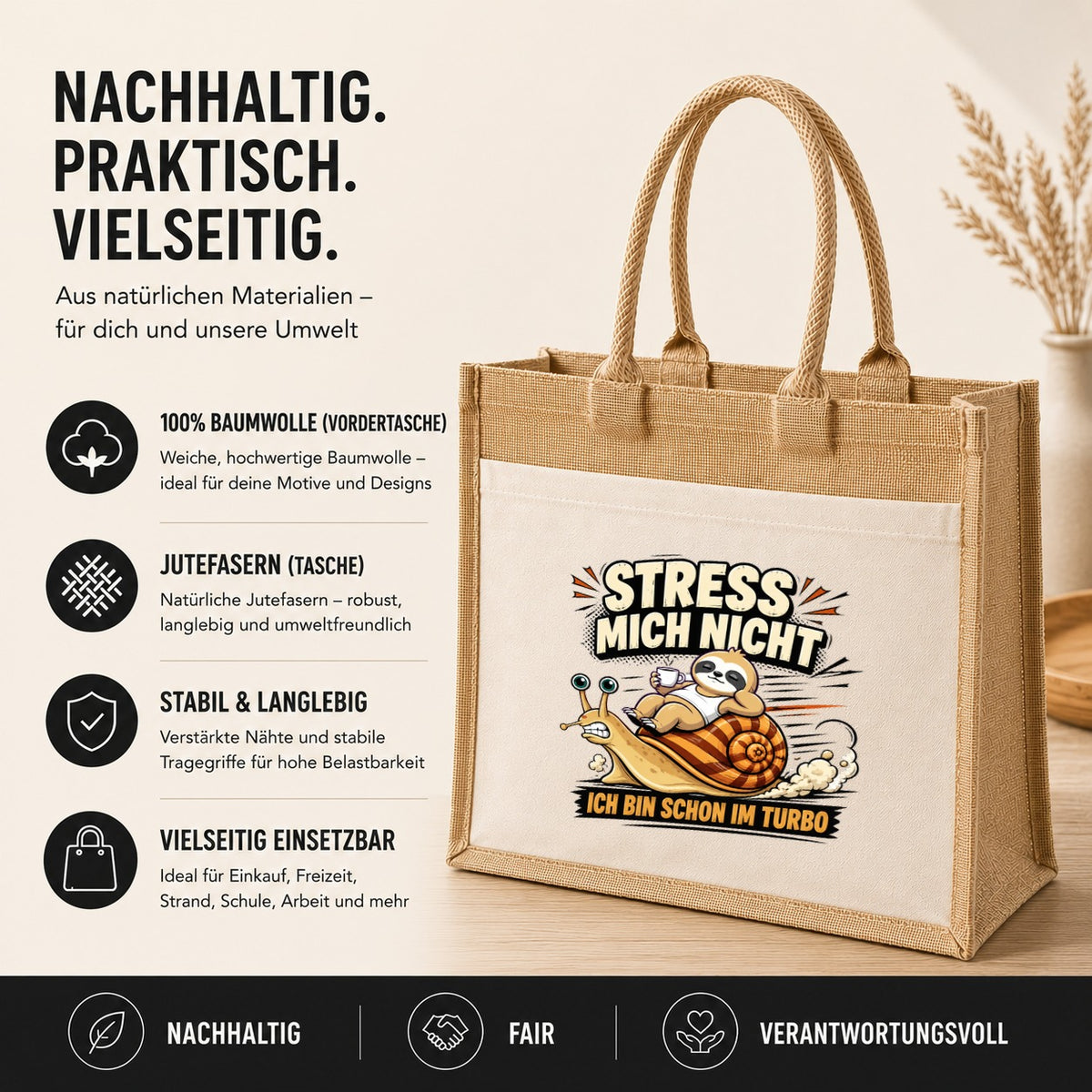 LIEBTASTISCH® Jutetasche Stress mich nicht ich bin schon im Turbo - Stofftasche Beutel bedruckt mit Spruch lustig Faultier - Geschenk für Frauen Damen Freundin Mama - Einkaufstasche Shopper groß