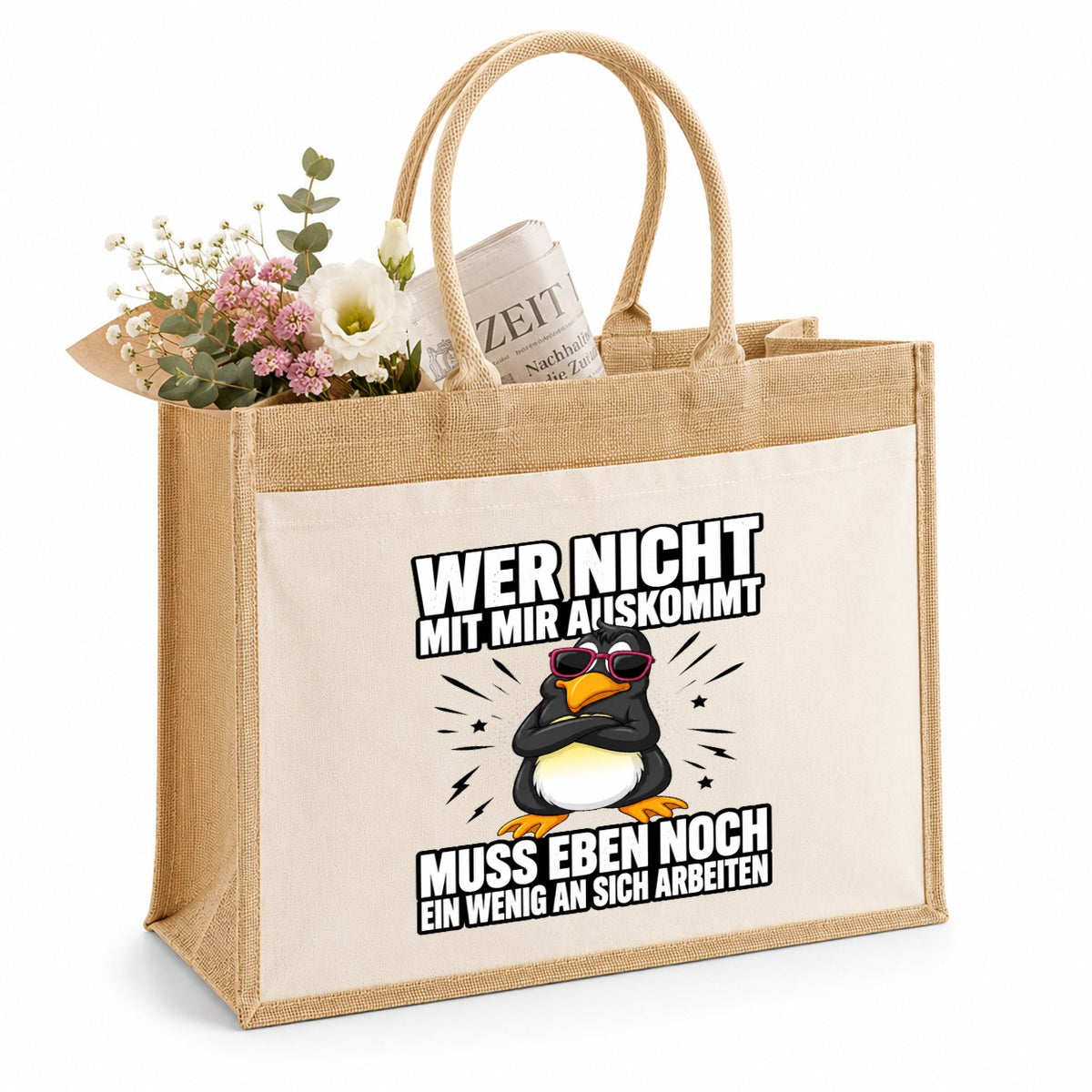 LIEBTASTISCH® Jutetasche Wer nicht mit mir auskommt muss eben noch ein wenig an sich arbeiten - Stofftasche mit Spruch lustig für Frauen - Geschenke Geschenkideen Freundin - Einkaufstasche Beutel