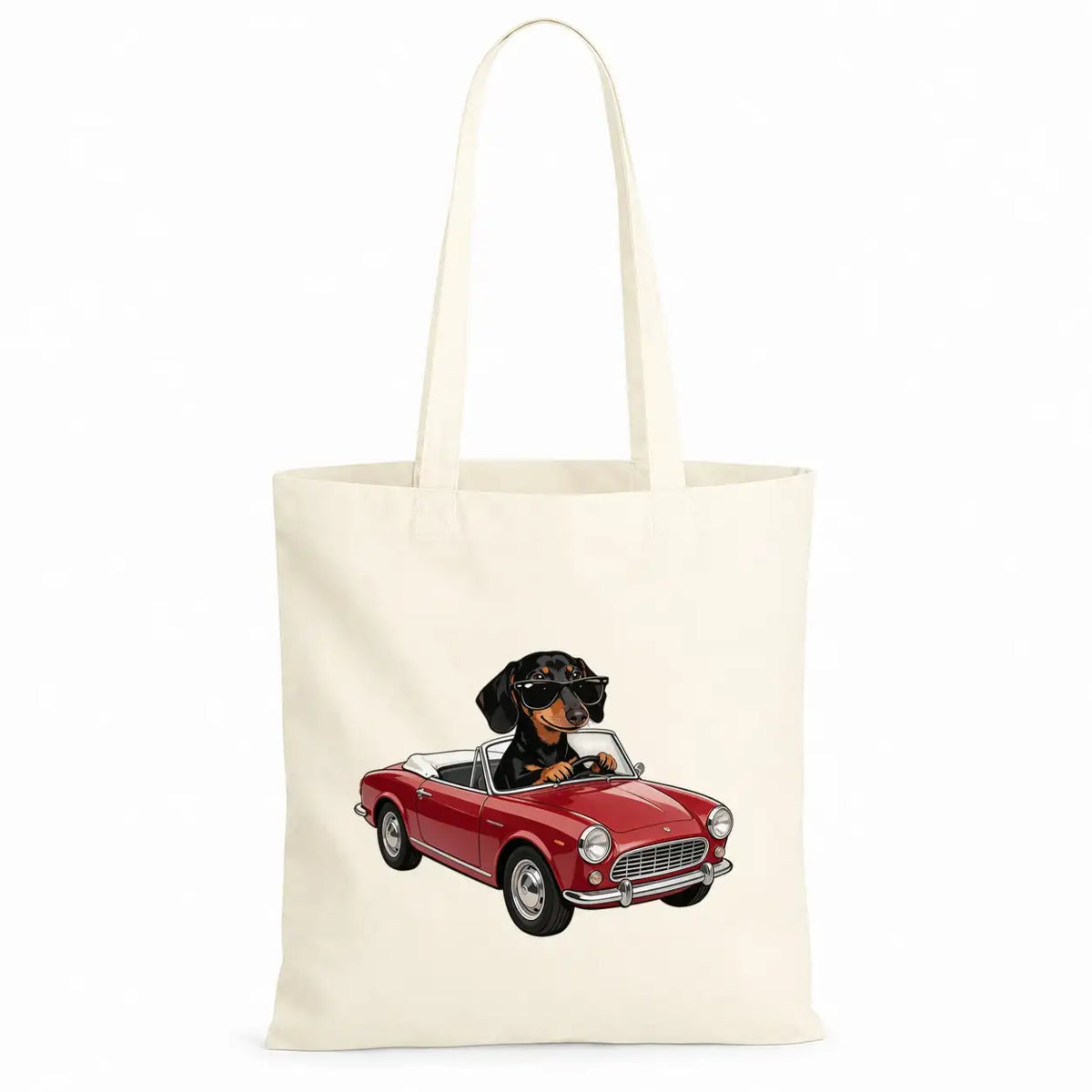 Baumwolltasche - Dackel mit Sonnenbrille im Auto