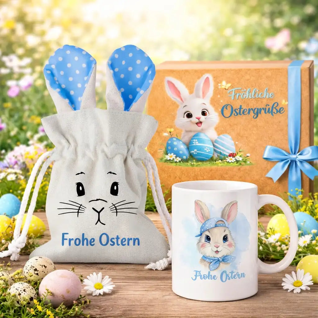 Oster Bundle - Osterbeutel mit Tassen und Gratis Geschenkverpackung - OB 3 - Blau