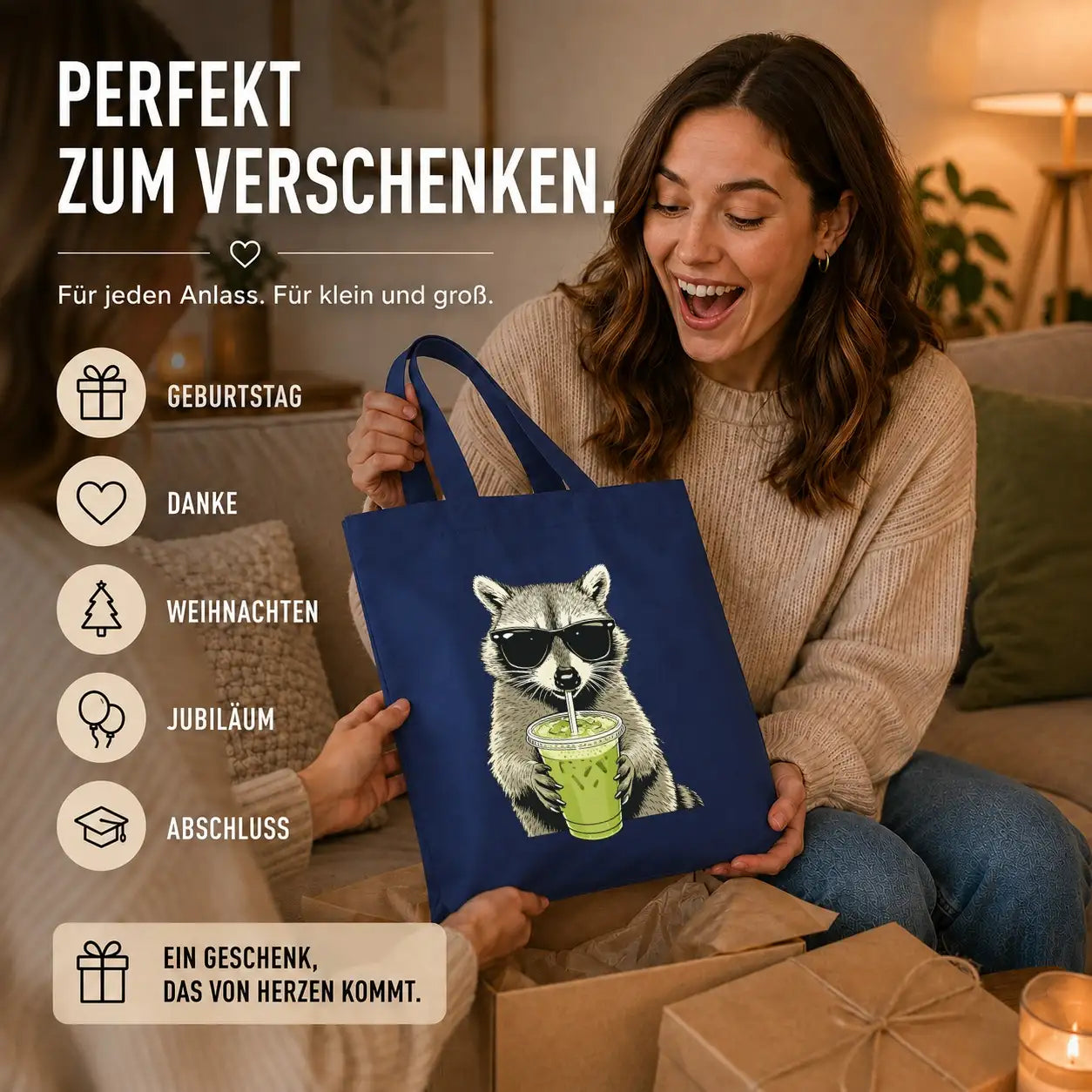 Baumwolltasche - Waschbär Sonnenbrille Matcha