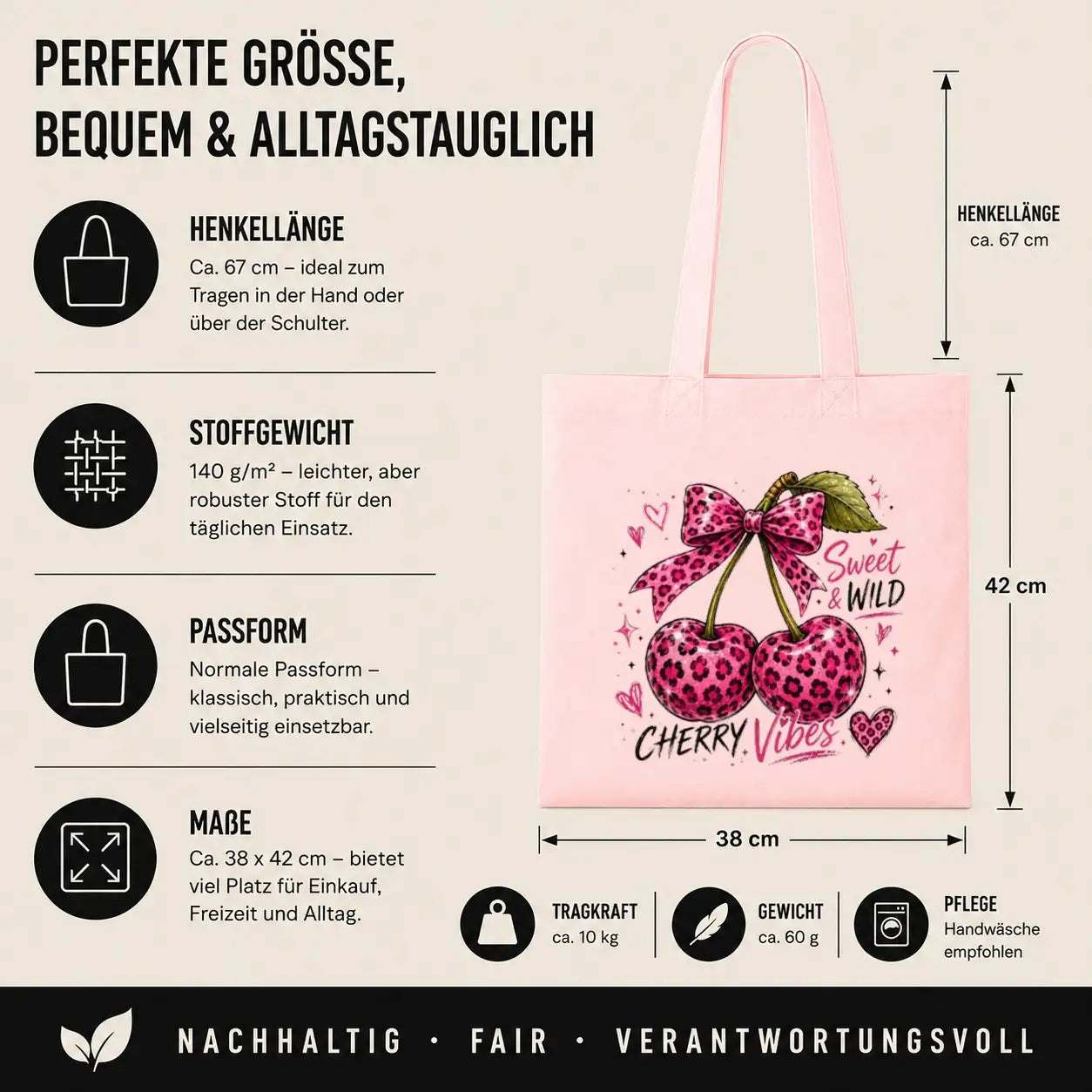 Baumwolltasche - Kirschen & Animalprint - Motiv nach Wahl