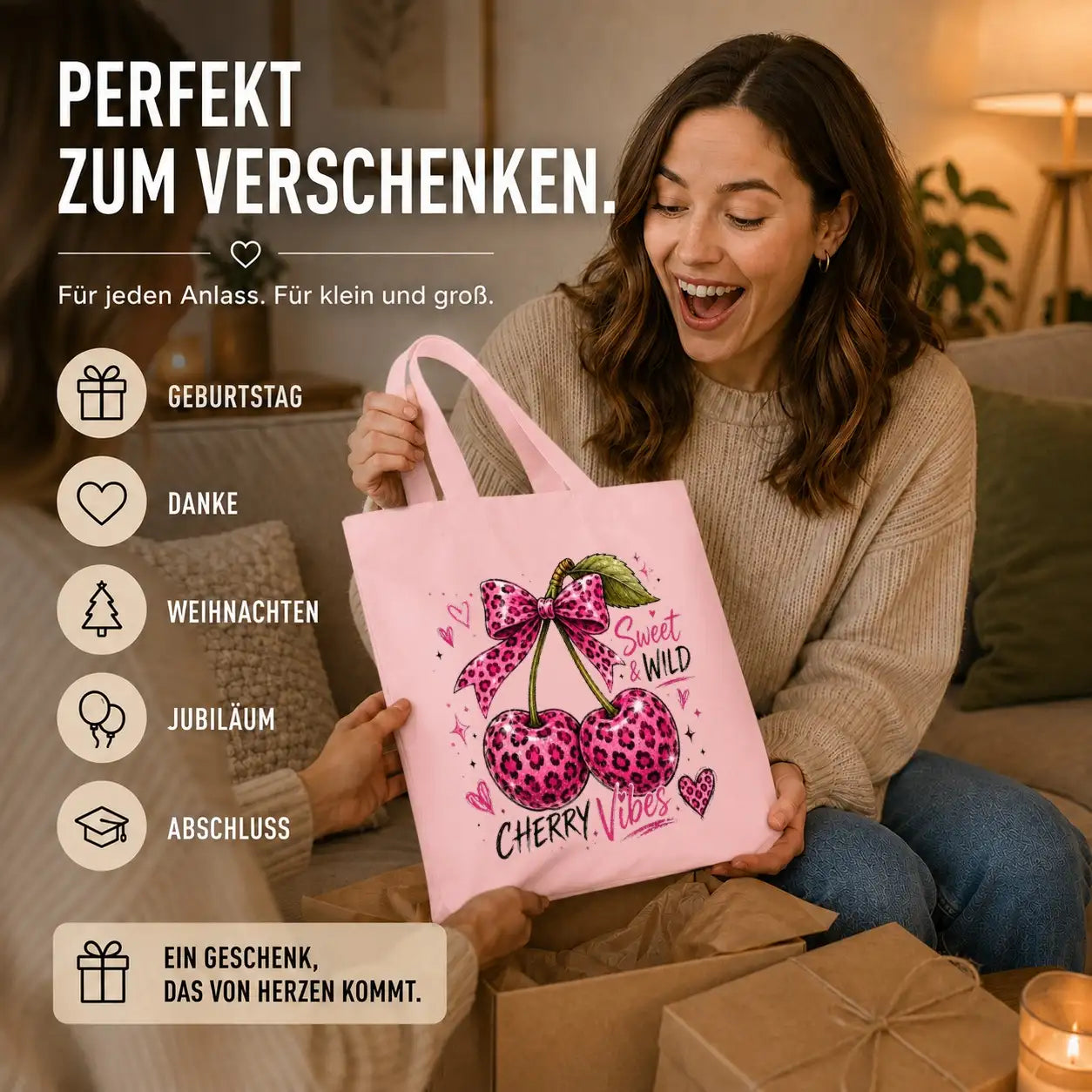 Baumwolltasche - Kirschen & Animalprint - Motiv nach Wahl