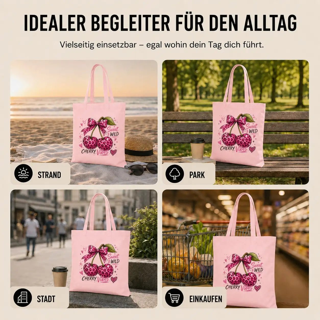Baumwolltasche - Kirschen & Animalprint - Motiv nach Wahl