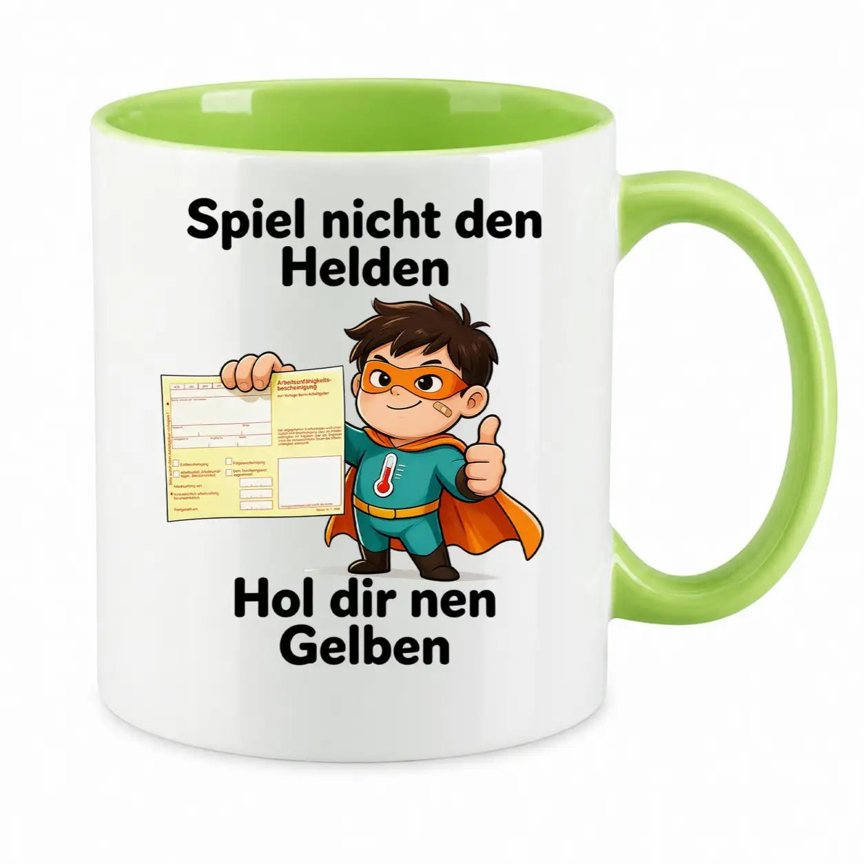 Sublimation Tasse - Comic-Superheld mit Krankschreibung
