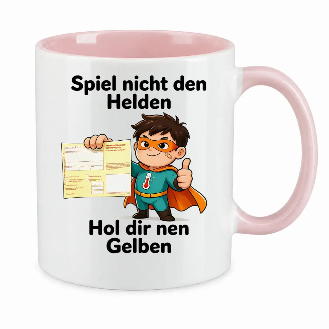 Sublimation Tasse - Comic-Superheld mit Krankschreibung