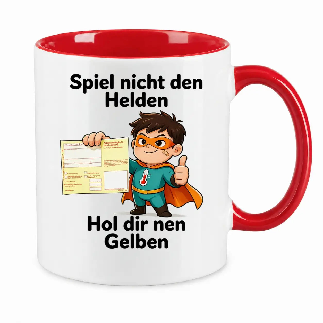 Sublimation Tasse - Comic-Superheld mit Krankschreibung