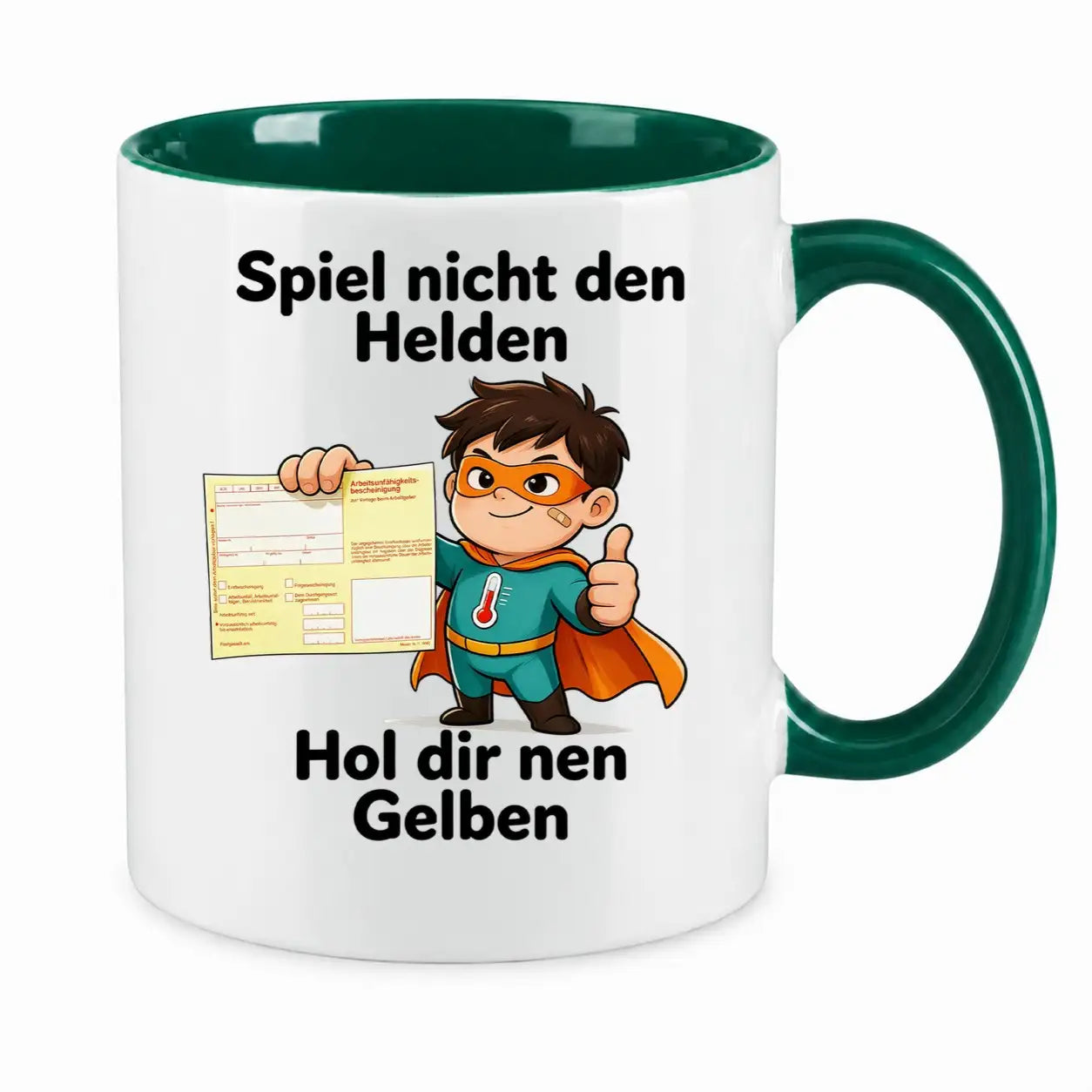 Sublimation Tasse - Comic-Superheld mit Krankschreibung