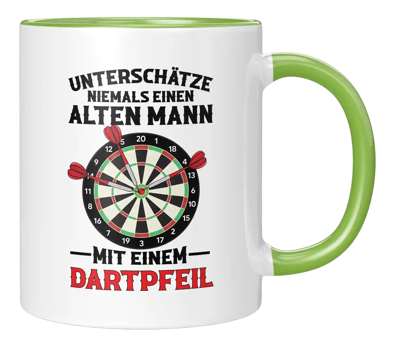 Tasse - Unterschätze niemals einen alten Mann, mit einem Dartpfeil