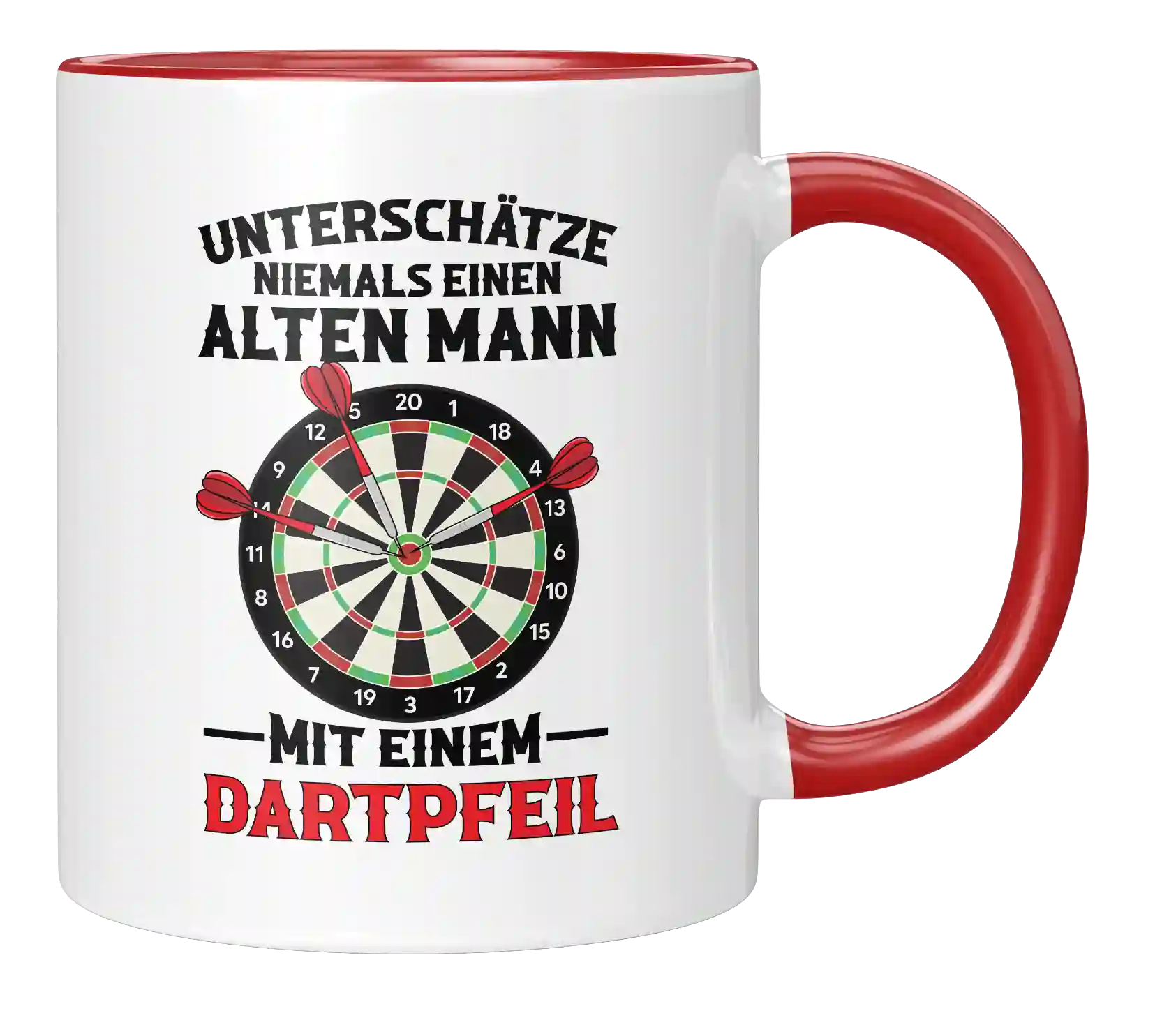 Tasse - Unterschätze niemals einen alten Mann, mit einem Dartpfeil