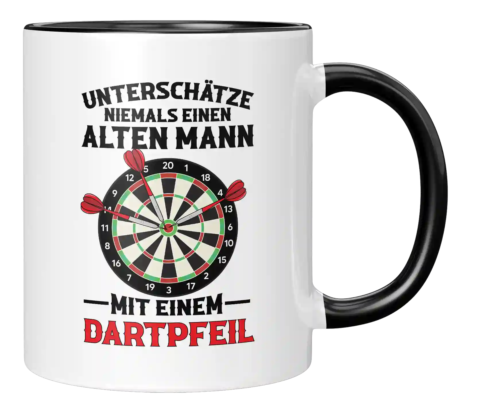 Tasse - Unterschätze niemals einen alten Mann, mit einem Dartpfeil