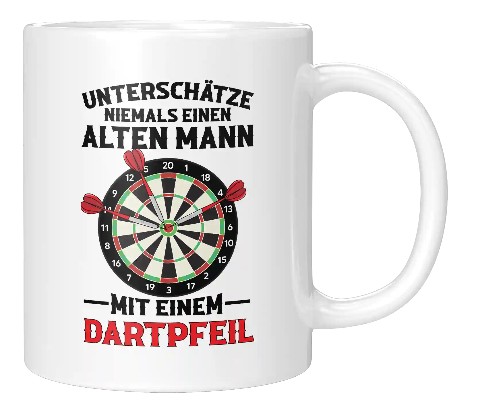 Tasse - Unterschätze niemals einen alten Mann, mit einem Dartpfeil
