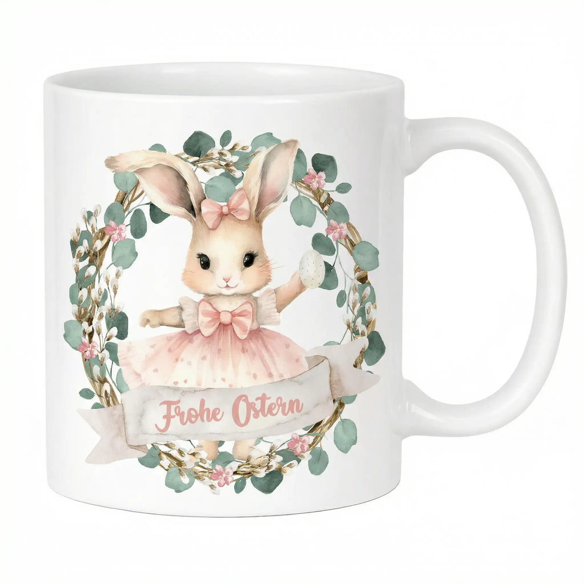 Tasse - Frohe Ostern mit Hasen Kranz Rosa