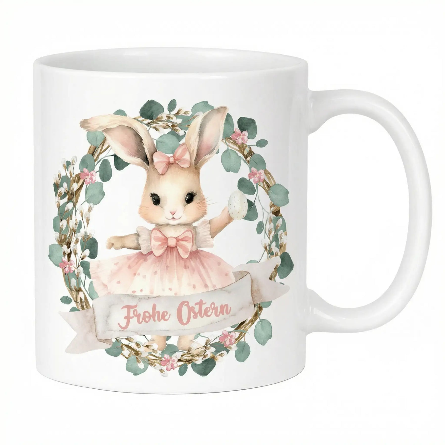 Tasse - Frohe Ostern mit Hasen Kranz Rosa
