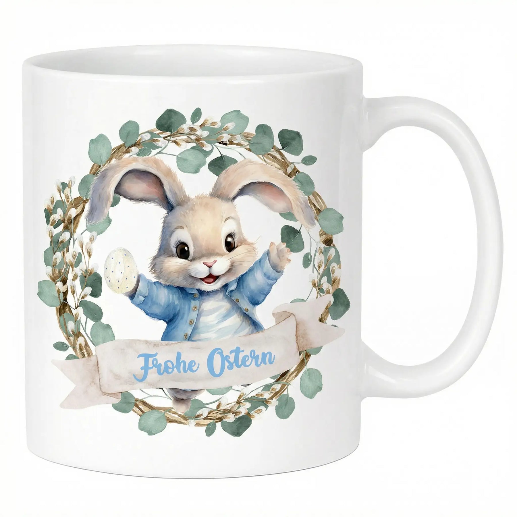 Tasse - Frohe Ostern mit Hasen Kranz Blau