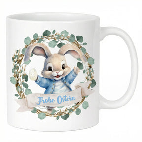 Tasse - Frohe Ostern mit Hasen Kranz Blau