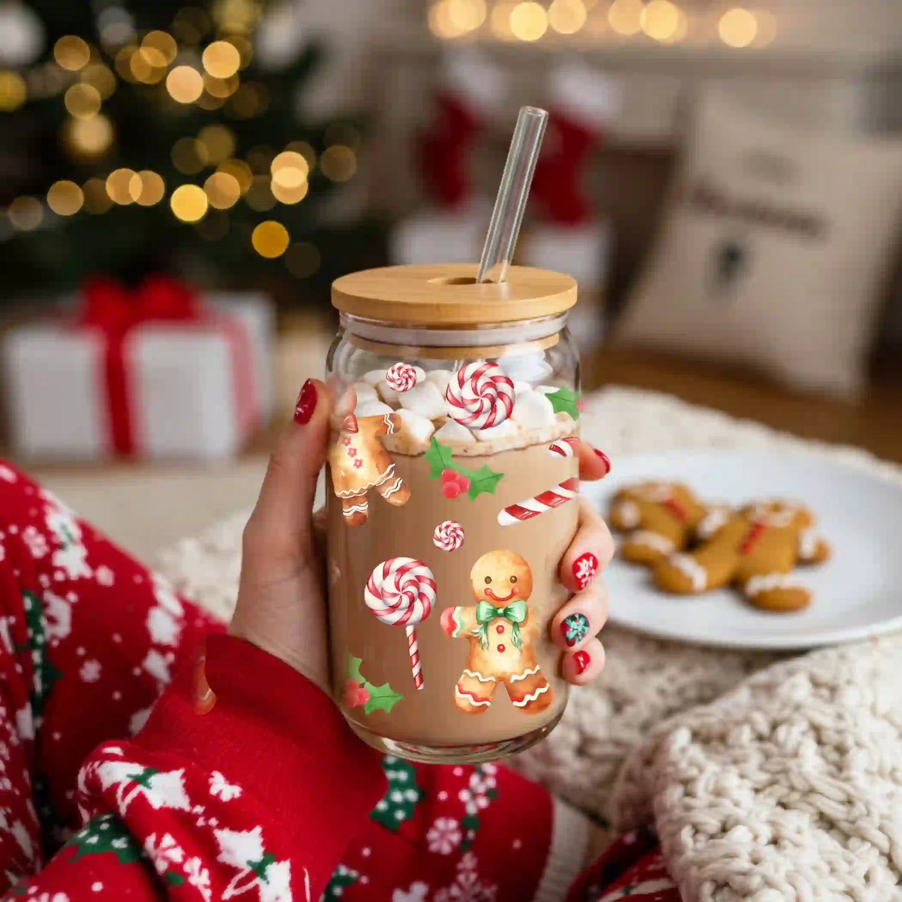 Glas mit Deckel & Strohhalm – Lebkuchen-Motiv – 500 ml & 750 ml – Weihnachtsglas Geschenkidee