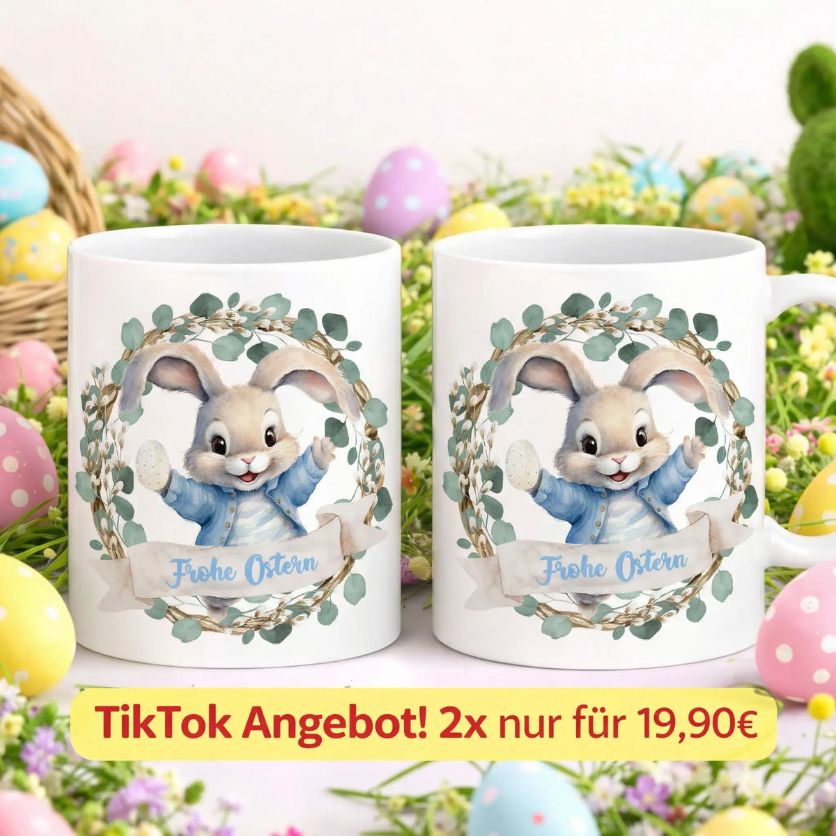 Tasse - Frohe Ostern mit Hasen Kranz Blau