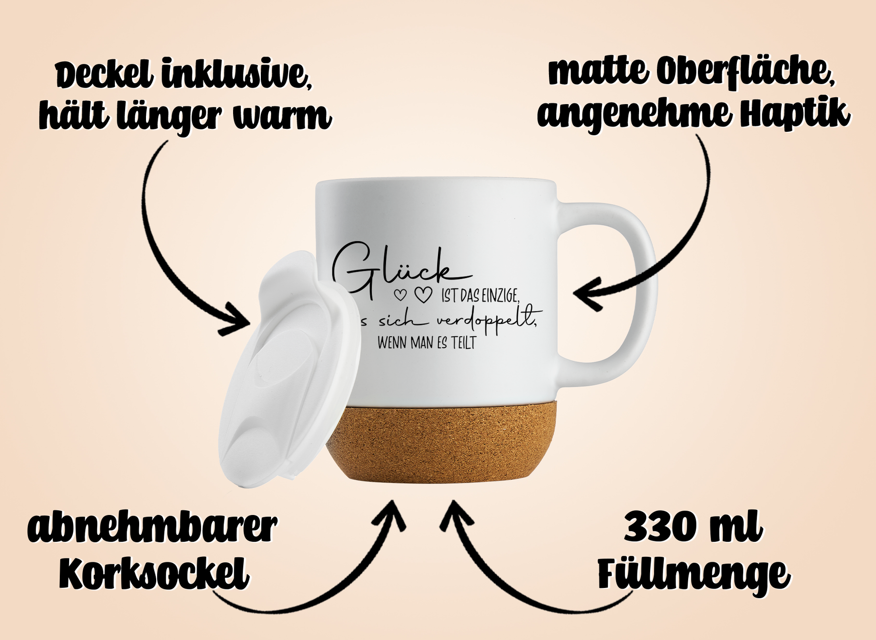 Tasse mit Korksockel - Glück ist das einzige