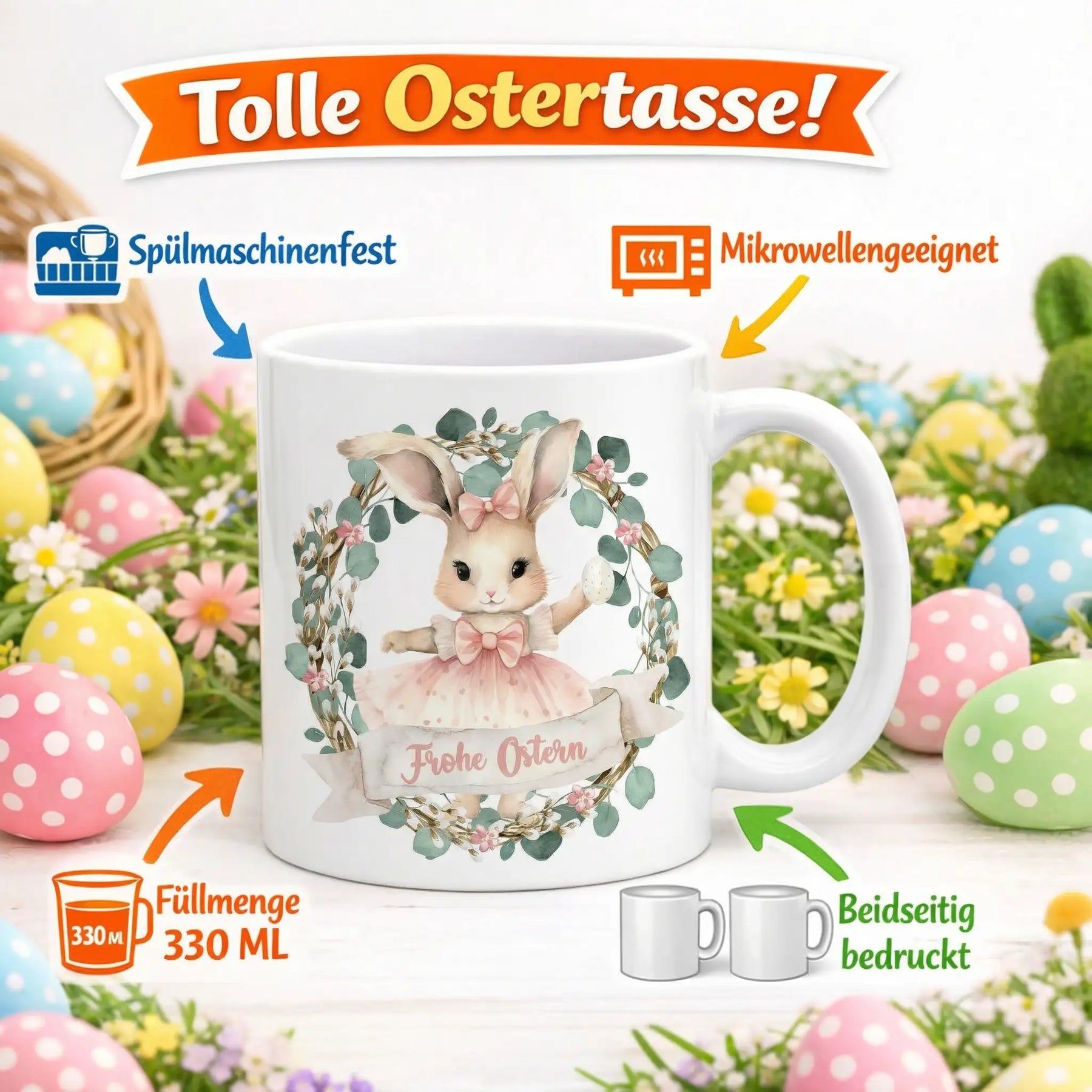 Tasse - Frohe Ostern mit Hasen Kranz Rosa