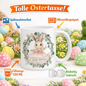 Tasse - Frohe Ostern mit Hasen Kranz Rosa