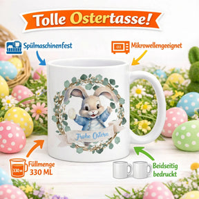 Tasse - Frohe Ostern mit Hasen Kranz Blau
