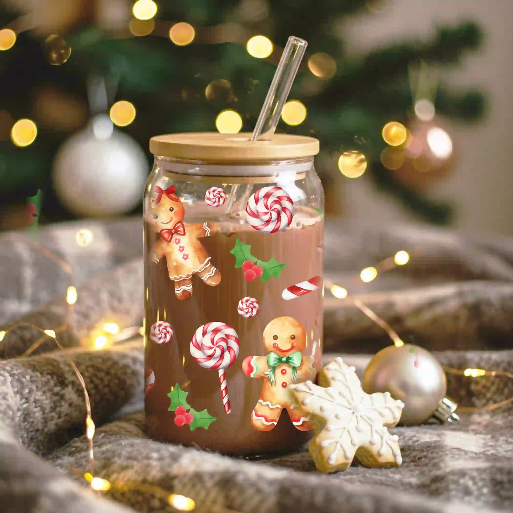 Glas mit Deckel & Strohhalm – Lebkuchen-Motiv – 500 ml & 750 ml – Weihnachtsglas Geschenkidee