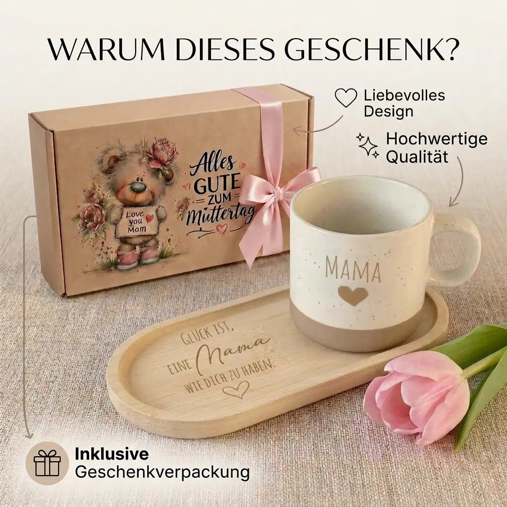 Geschenkset - Tasse + Tablett - Glück ist, eine Mama wie dich zu haben