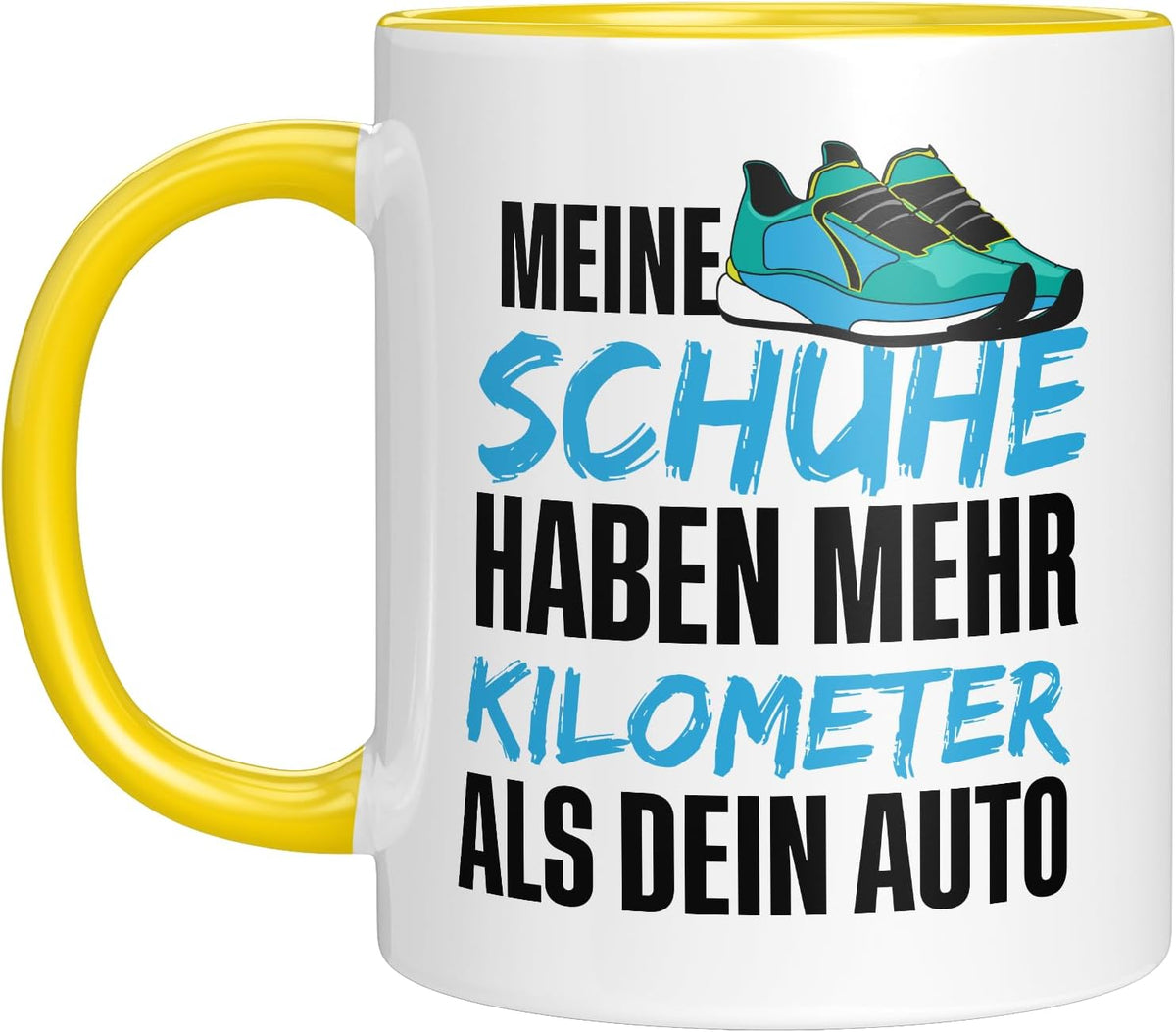 Tasse mit Spruch - Meine Schuhe haben mehr Kilometer als dein Auto - witzig - Läufer - Jogger - Geschenkidee - Mann - Männer - Humor