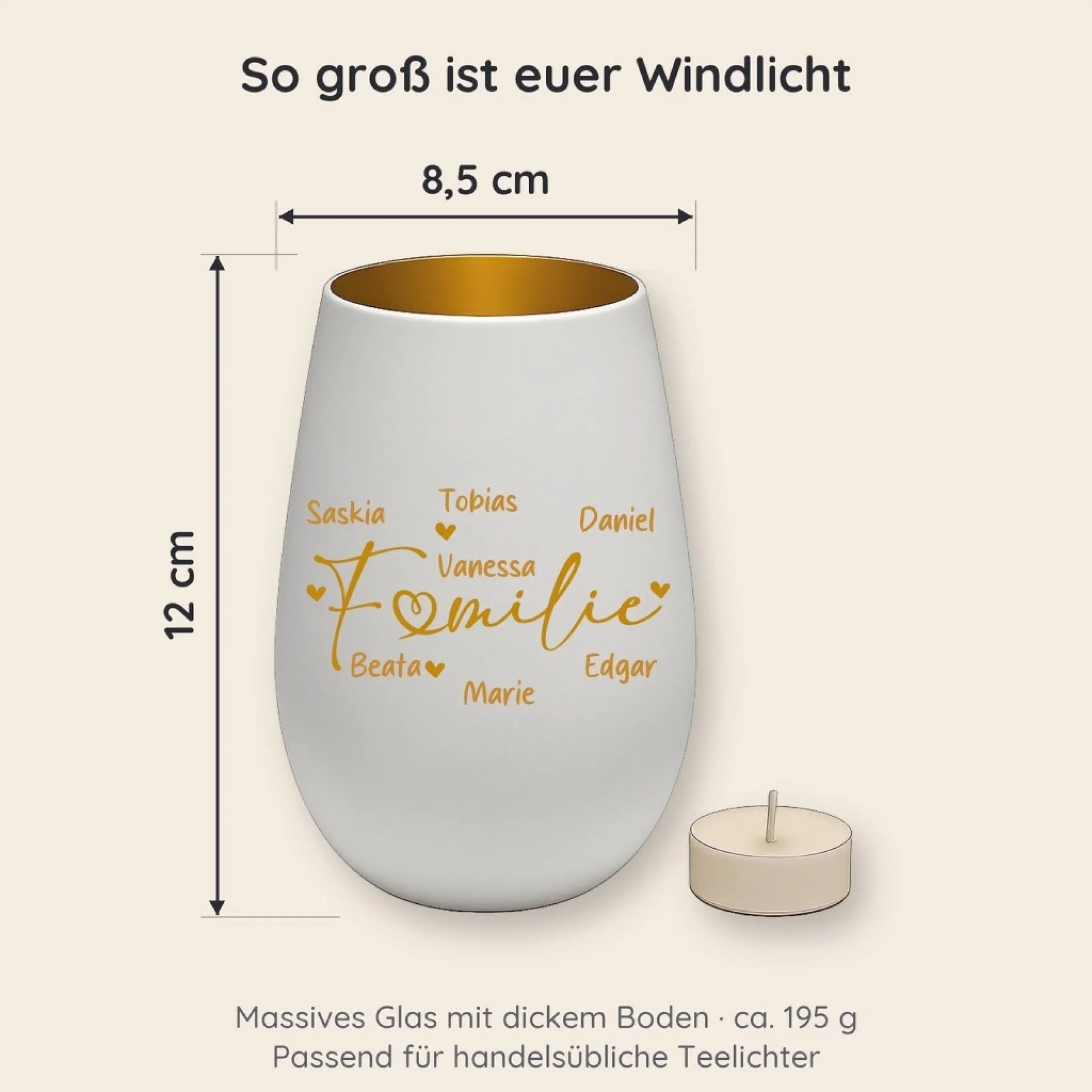 Größe des Windlichts: 8,5 cm breit und 12 cm hoch