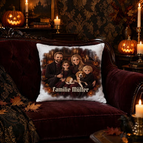Halloween Kissen mit Familienfoto auf dem Sofa – Porträt mit Kürbissen und Kerzen
