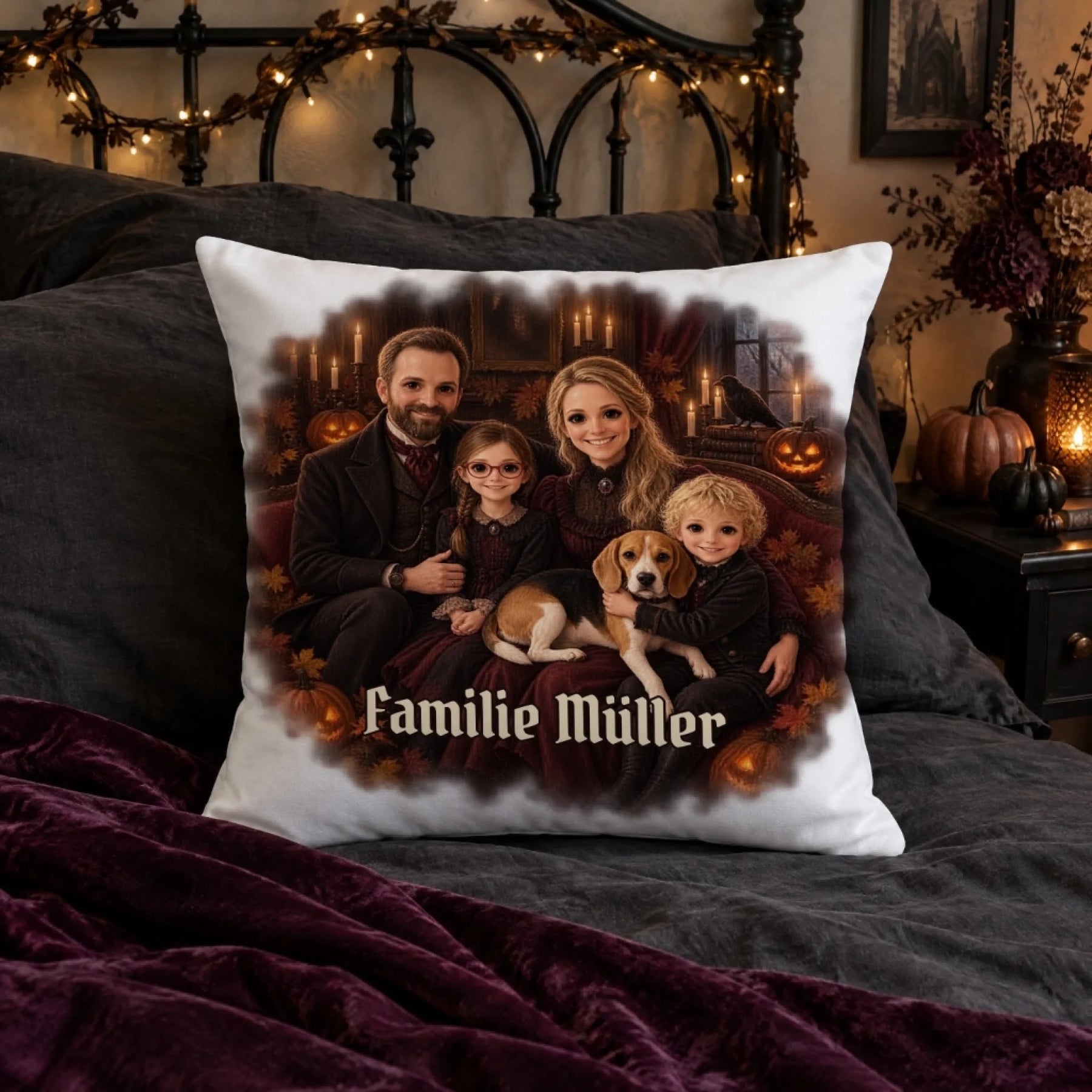 Halloween Kissen mit Familienfoto auf dem Bett