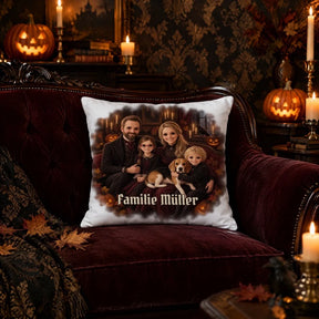Halloween Kissen mit eurem Familienfoto – schaurig-schönes Familienporträt auf dem Sofa