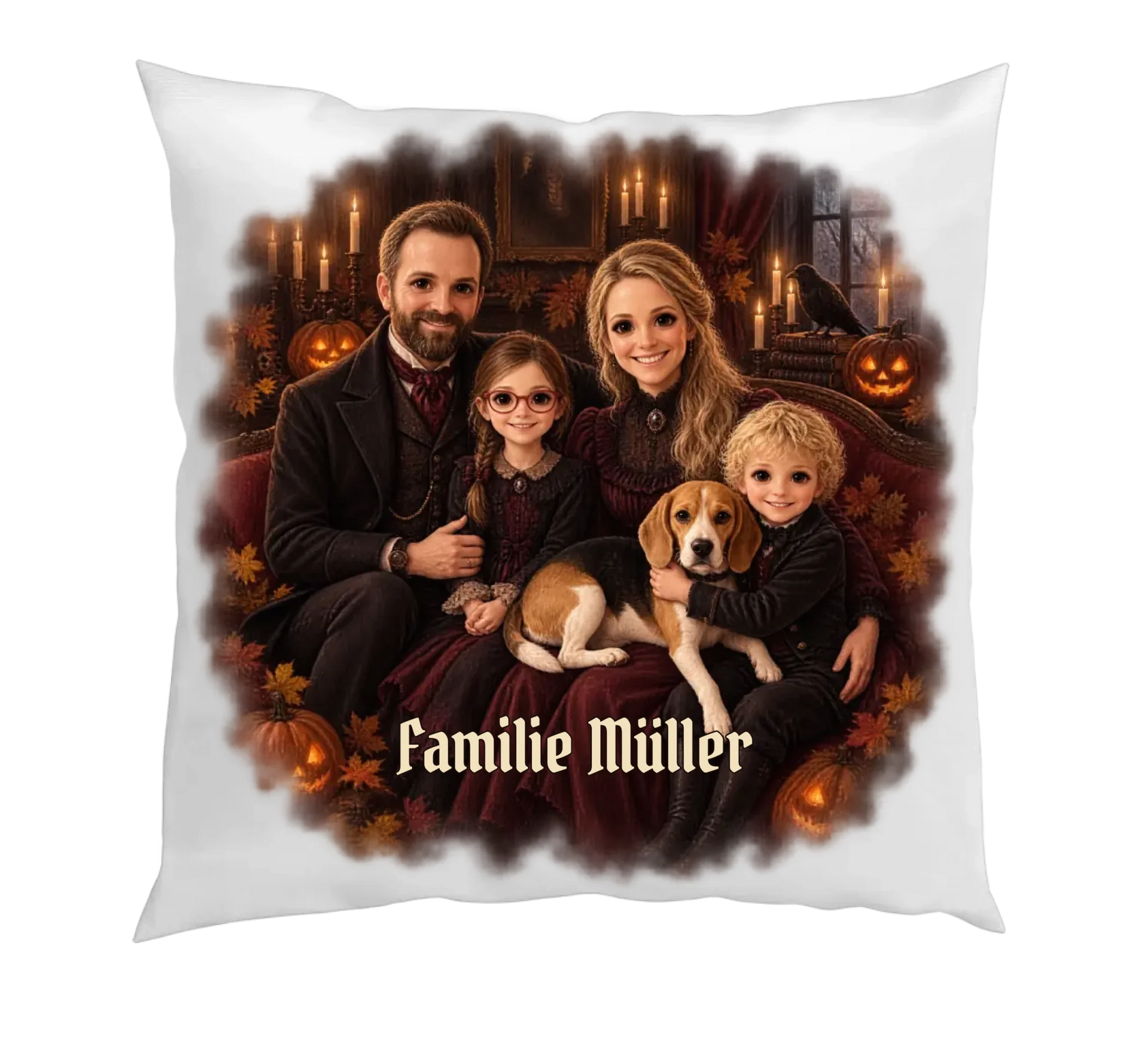 Halloween Kissen mit Familienfoto – Ansicht schräg