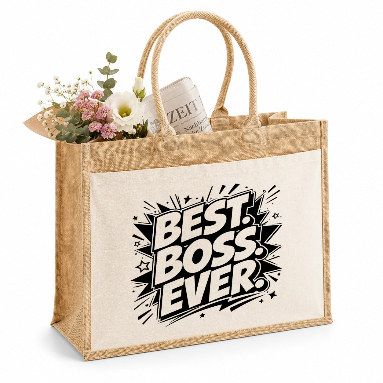 LIEBTASTISCH® Jutetasche Best. Boss. Ever. - Jutebeutel bedruckt mit Spruch Geschenk Chef Chefin Kollegin - Stofftasche Beutel Damen groß - Geschenkidee Abschied Jobwechsel Büro Arbeit