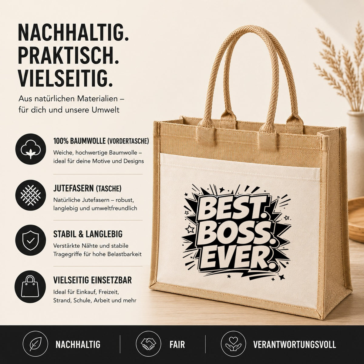 LIEBTASTISCH® Jutetasche Best. Boss. Ever. - Jutebeutel bedruckt mit Spruch Geschenk Chef Chefin Kollegin - Stofftasche Beutel Damen groß - Geschenkidee Abschied Jobwechsel Büro Arbeit