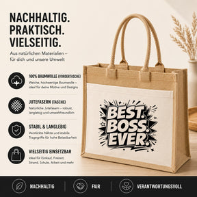 LIEBTASTISCH® Jutetasche Best. Boss. Ever. - Jutebeutel bedruckt mit Spruch Geschenk Chef Chefin Kollegin - Stofftasche Beutel Damen groß - Geschenkidee Abschied Jobwechsel Büro Arbeit
