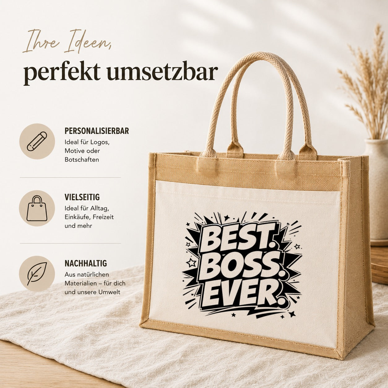 LIEBTASTISCH® Jutetasche Best. Boss. Ever. - Jutebeutel bedruckt mit Spruch Geschenk Chef Chefin Kollegin - Stofftasche Beutel Damen groß - Geschenkidee Abschied Jobwechsel Büro Arbeit