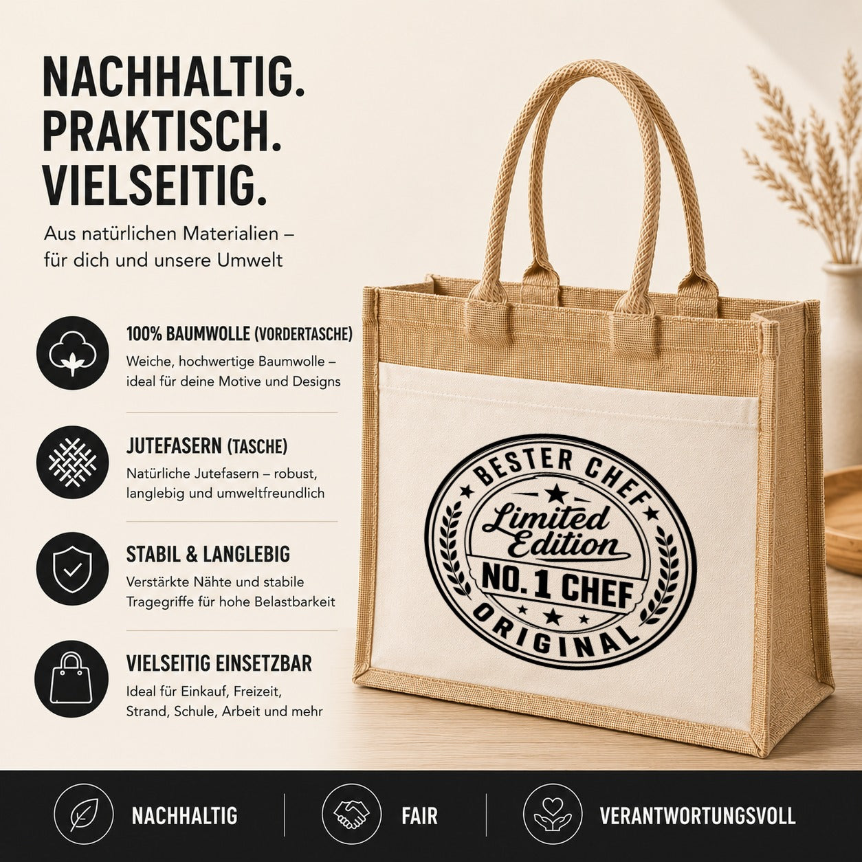 LIEBTASTISCH® Jutetasche Bester Chef Limited Edition No. 1 Chef Original - Geschenk Boss Kollegin - Stofftasche Beutel Damen Frauen - Einkaufstasche bedruckt groß Weihnachten