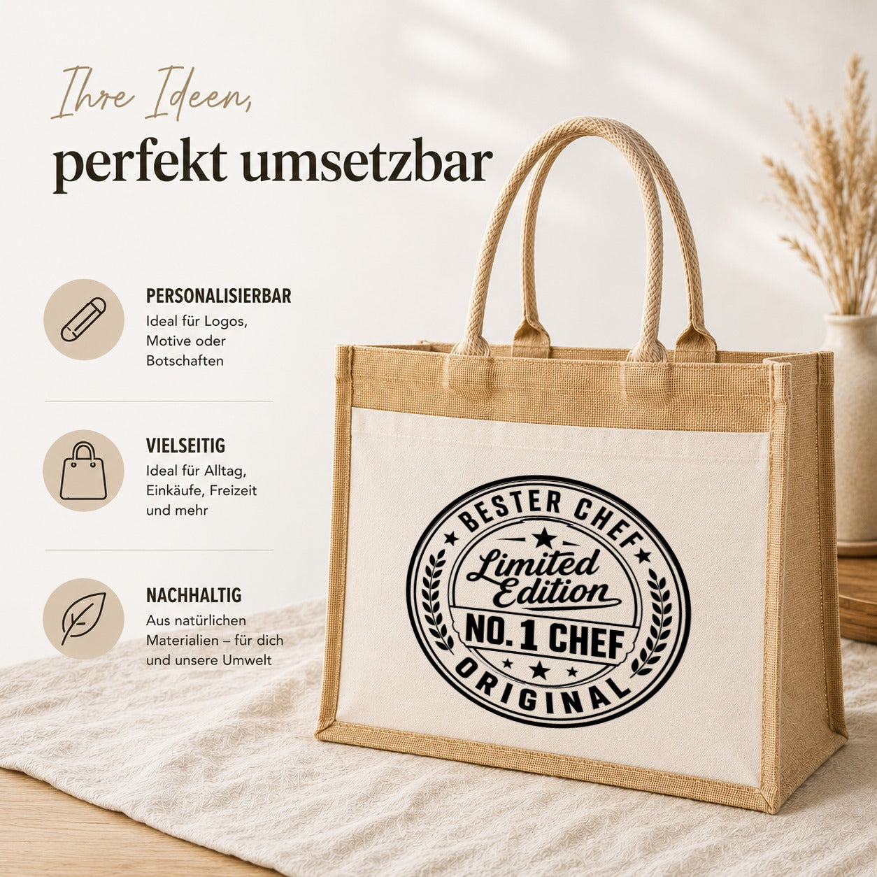 LIEBTASTISCH® Jutetasche Bester Chef Limited Edition No. 1 Chef Original - Geschenk Boss Kollegin - Stofftasche Beutel Damen Frauen - Einkaufstasche bedruckt groß Weihnachten