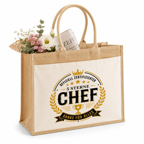 LIEBTASTISCH® Jutetasche Offiziell zertifizierter 5 Sterne Chef Danke für alles - Geschenk für Kollegin Kollege Jobwechsel Abschied - Jutebeutel bedruckt mit Spruch - Einkaufstasche Damen