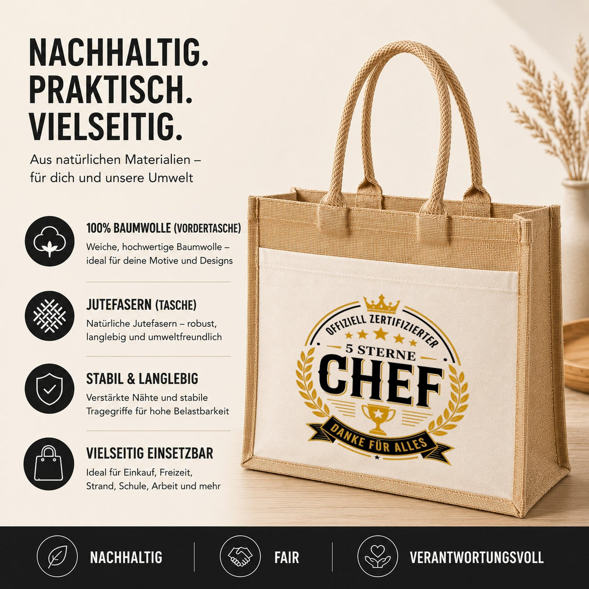 LIEBTASTISCH® Jutetasche Offiziell zertifizierter 5 Sterne Chef Danke für alles - Geschenk für Kollegin Kollege Jobwechsel Abschied - Jutebeutel bedruckt mit Spruch - Einkaufstasche Damen